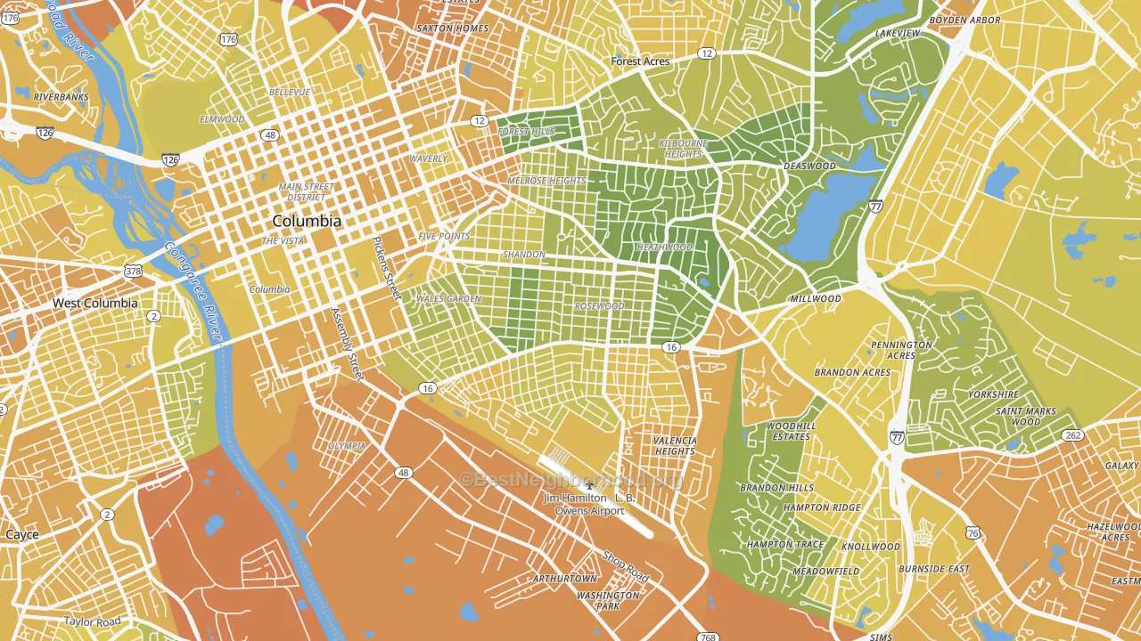 Map of the best neighborhoods in the 29205 area, with better matches in green and worse matches in red
