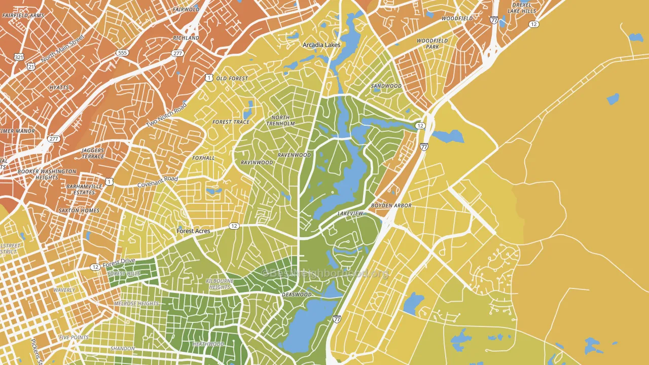 Map of the best neighborhoods in the 29206 area, with better matches in green and worse matches in red