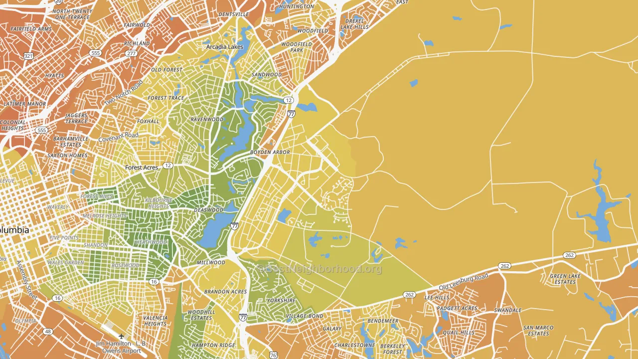 Map of the best neighborhoods in the 29207 area, with better matches in green and worse matches in red