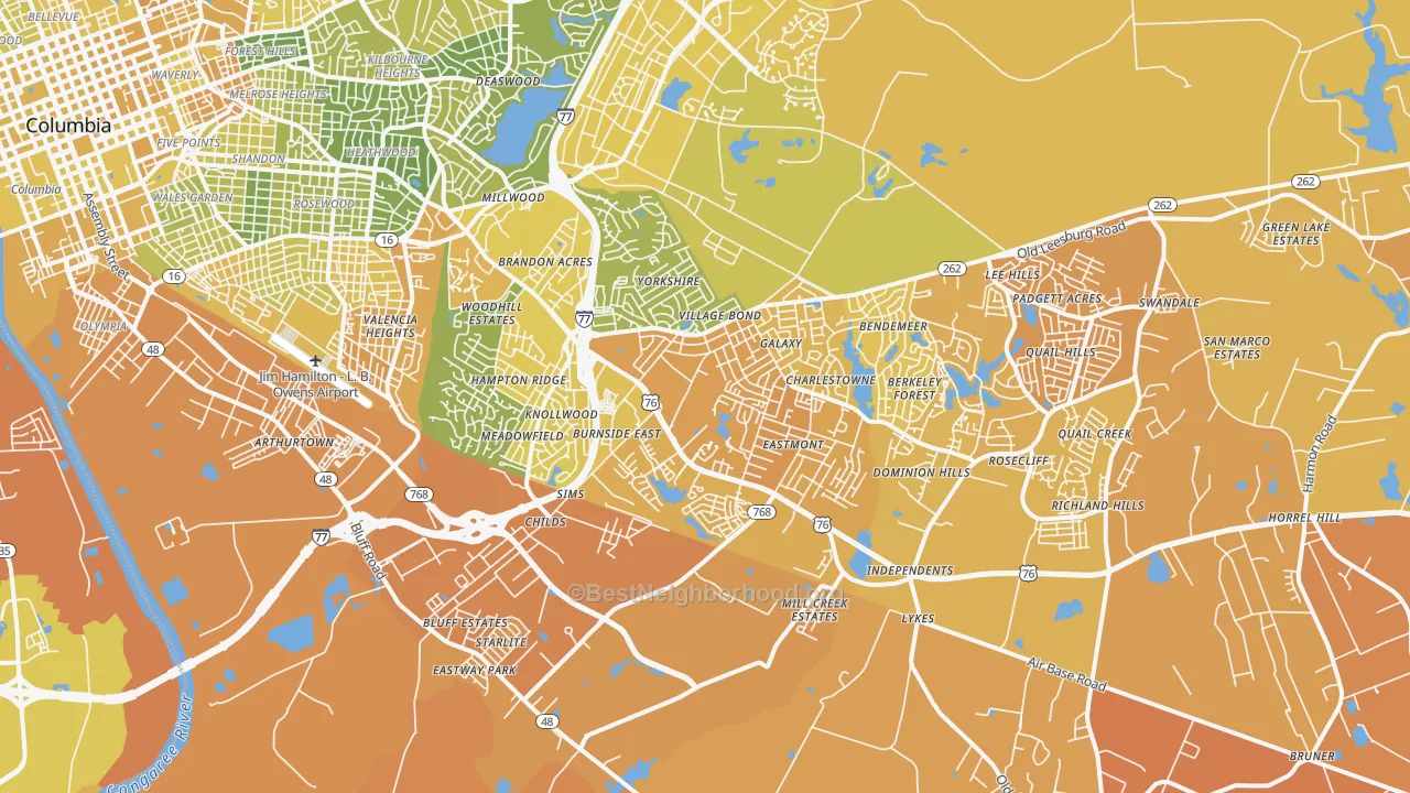 Map of the best neighborhoods in the 29209 area, with better matches in green and worse matches in red