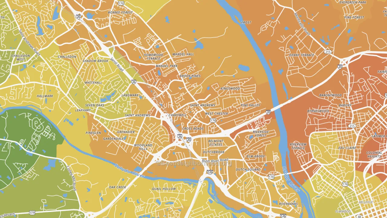 Map of the best neighborhoods in the 29210 area, with better matches in green and worse matches in red