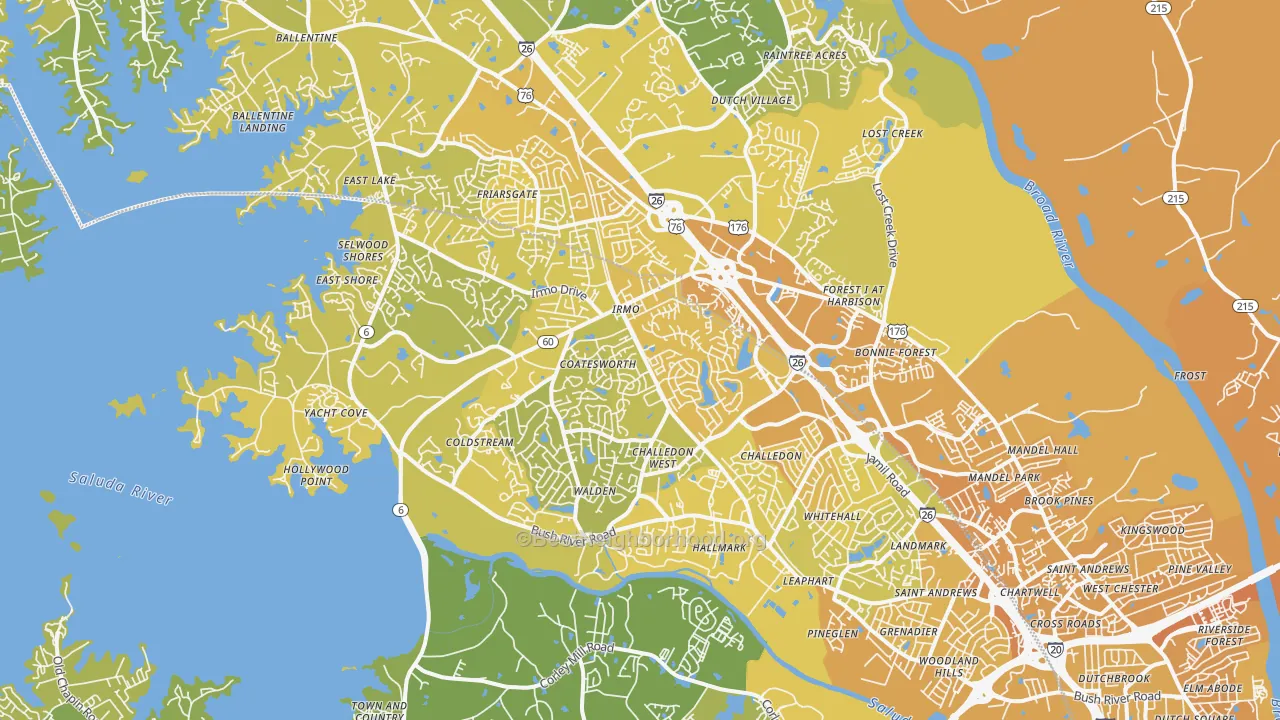 Map of the best neighborhoods in the 29212 area, with better matches in green and worse matches in red