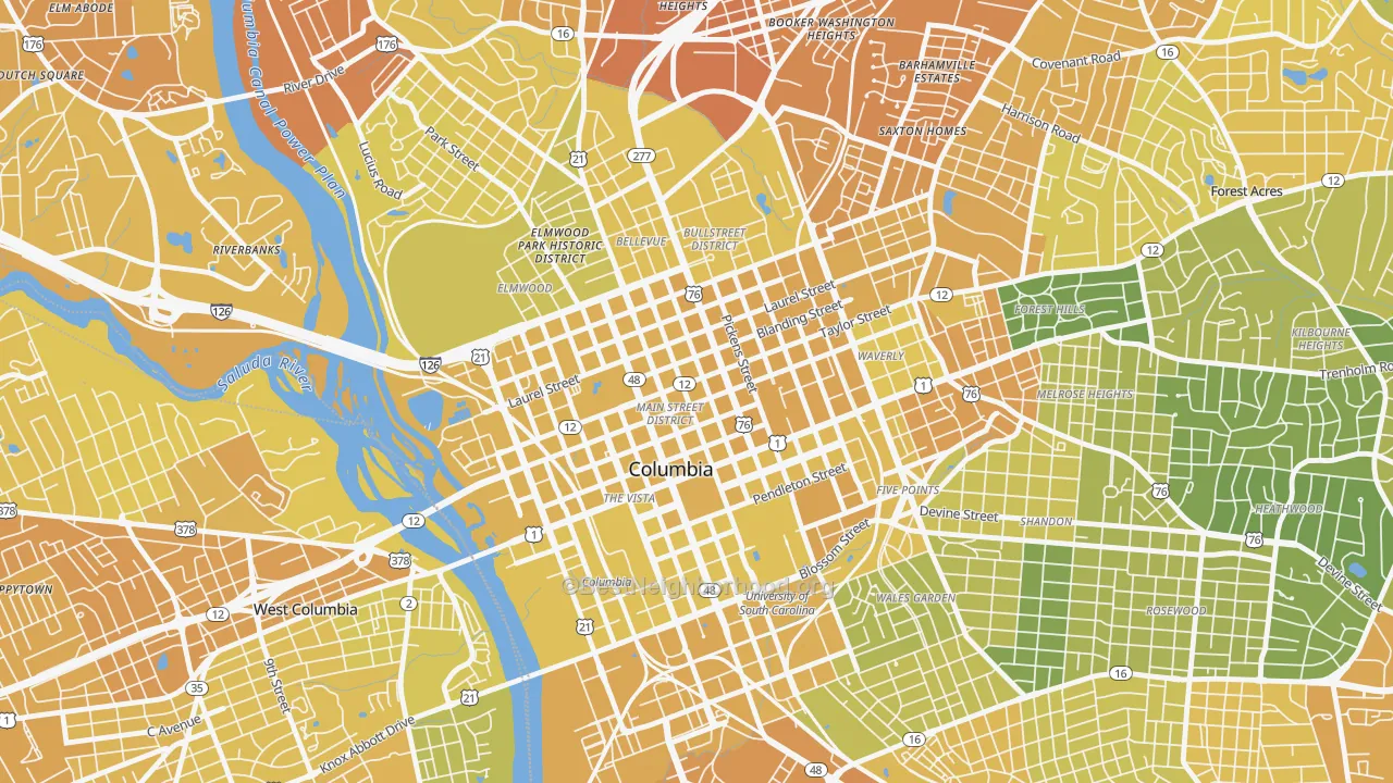Map of the best neighborhoods in the 29220 area, with better matches in green and worse matches in red