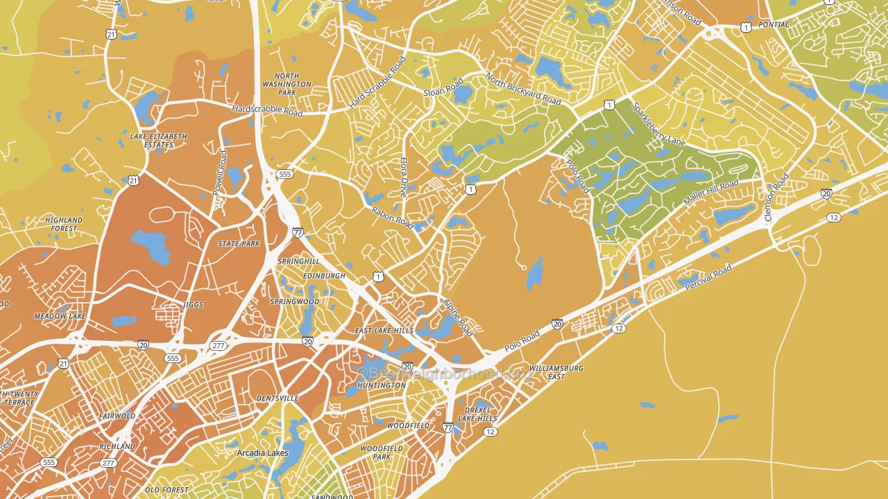 Map of the best neighborhoods in the 29223 area, with better matches in green and worse matches in red