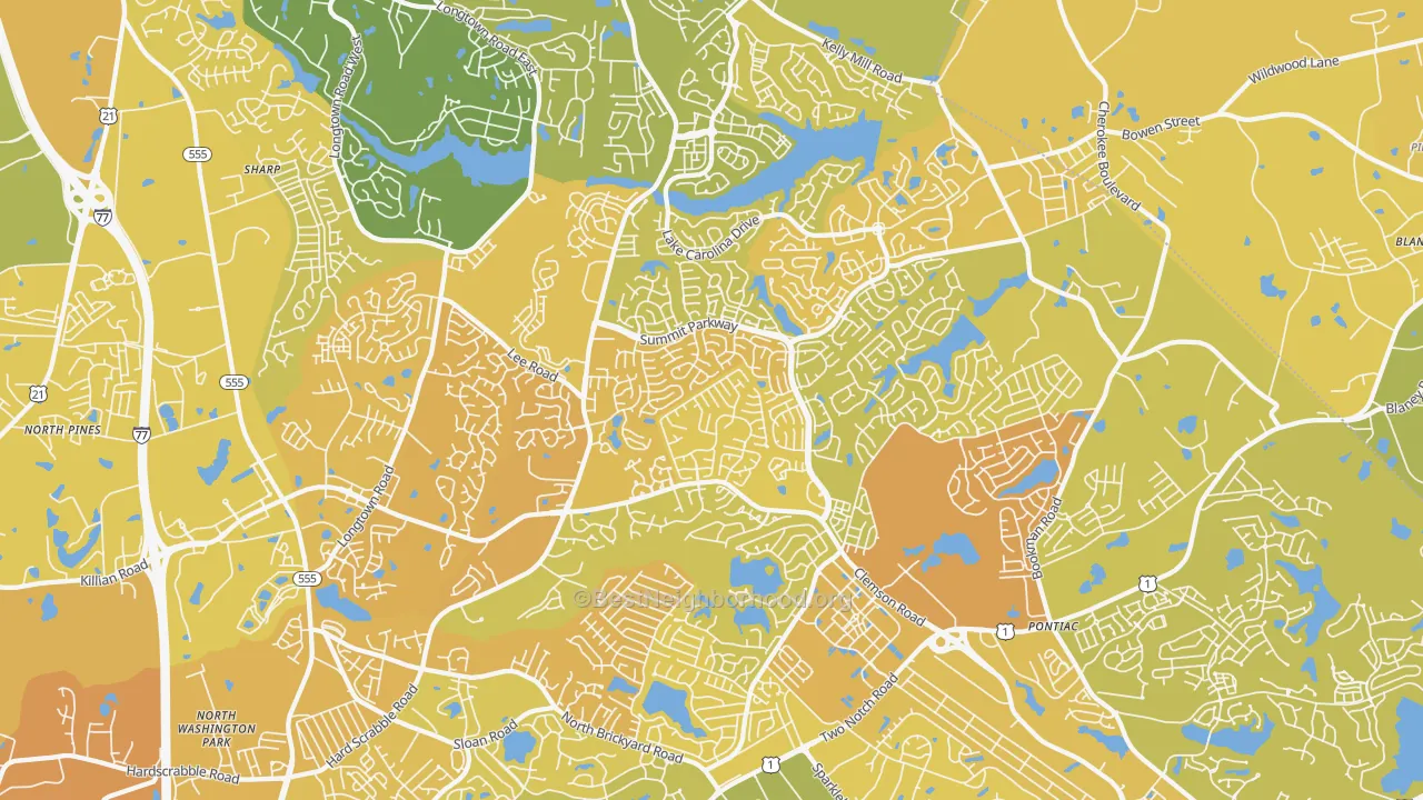 Map of the best neighborhoods in the 29229 area, with better matches in green and worse matches in red