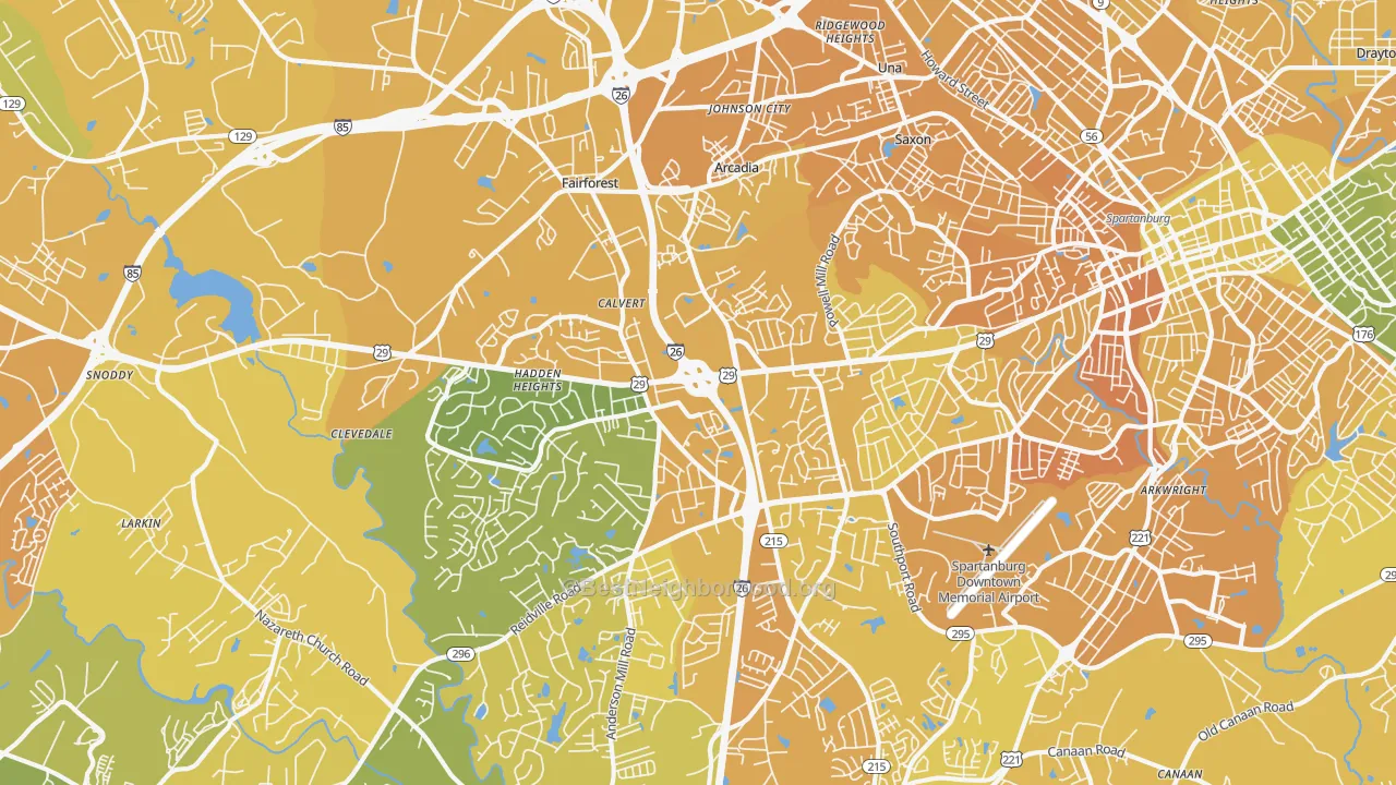 Map of the best neighborhoods in the 29301 area, with better matches in green and worse matches in red