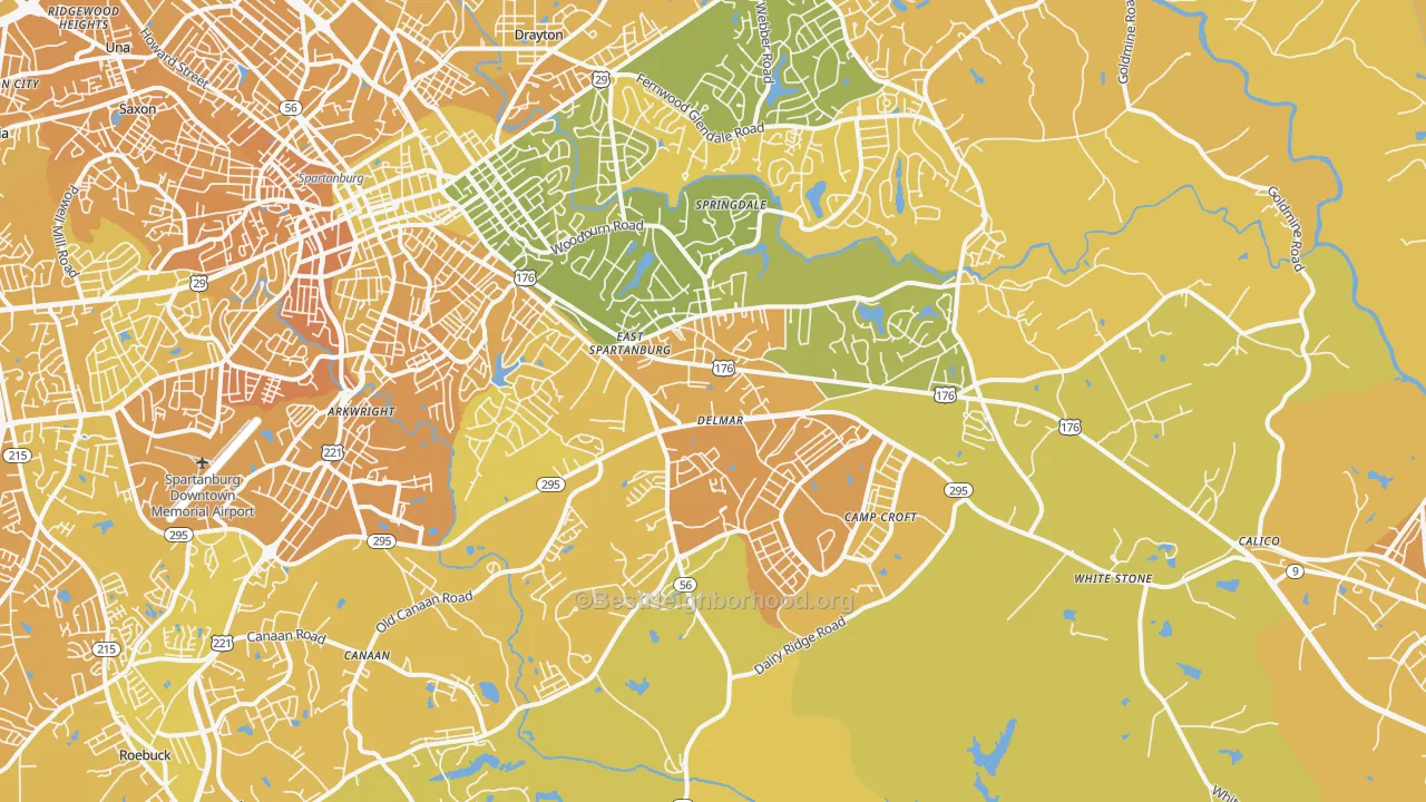 Map of the best neighborhoods in the 29302 area, with better matches in green and worse matches in red