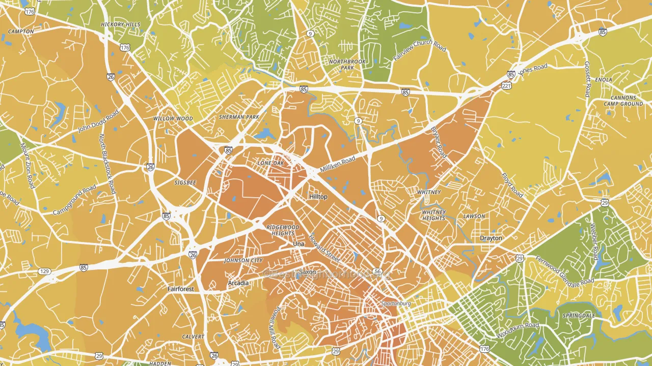 Map of the best neighborhoods in the 29303 area, with better matches in green and worse matches in red
