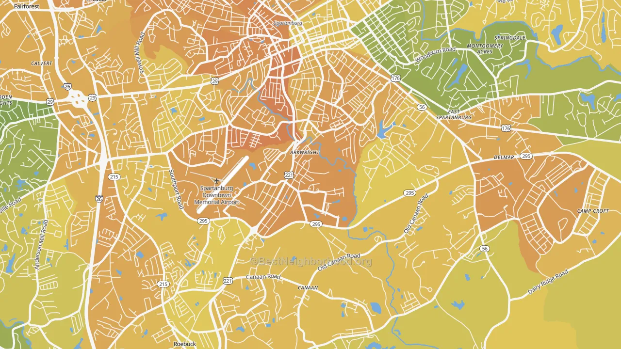 Map of the best neighborhoods in the 29306 area, with better matches in green and worse matches in red