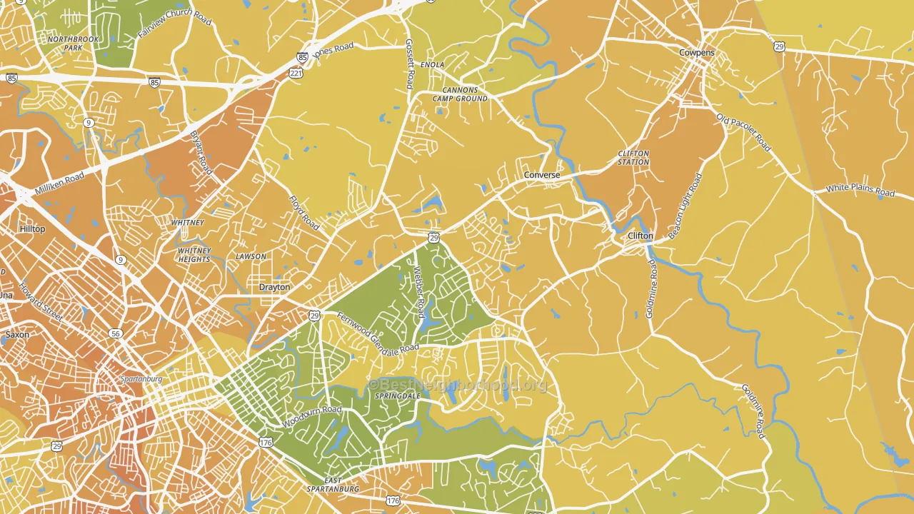 Map of the best neighborhoods in the 29307 area, with better matches in green and worse matches in red
