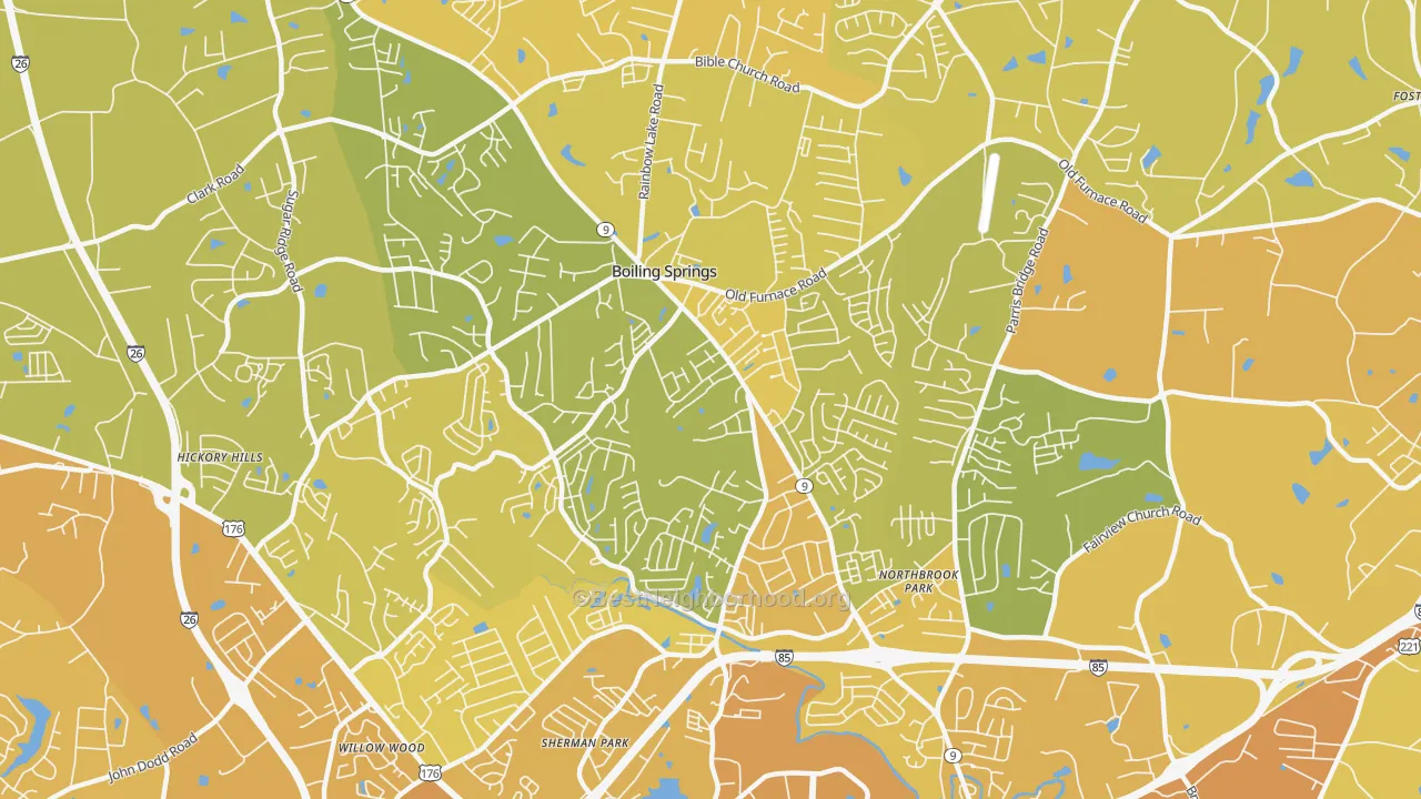 Map of the best neighborhoods in the 29316 area, with better matches in green and worse matches in red