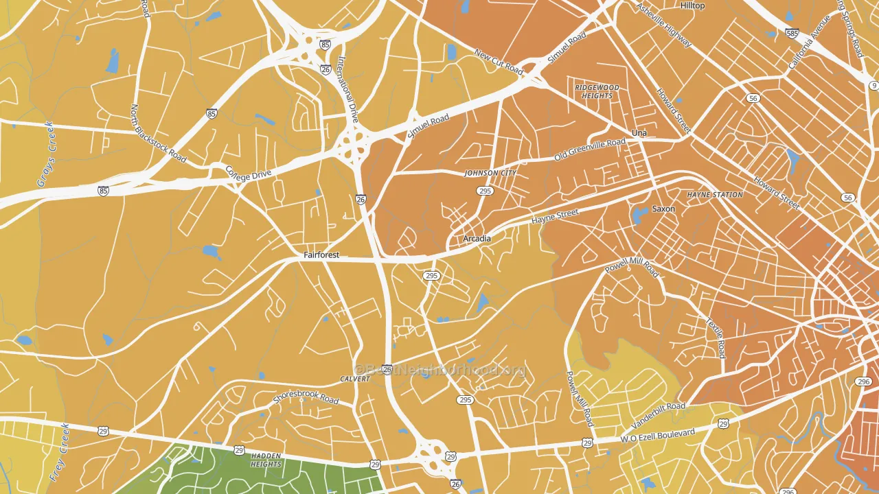Map of the best neighborhoods in the 29320 area, with better matches in green and worse matches in red