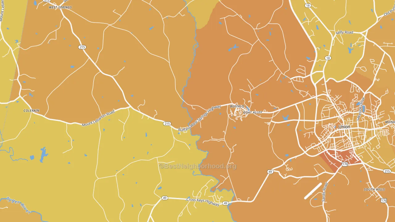 Map of the best neighborhoods in the 29321 area, with better matches in green and worse matches in red
