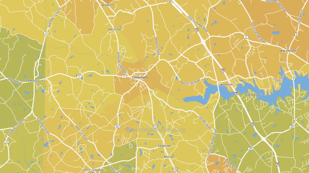 Map of the best neighborhoods in the 29322 area, with better matches in green and worse matches in red