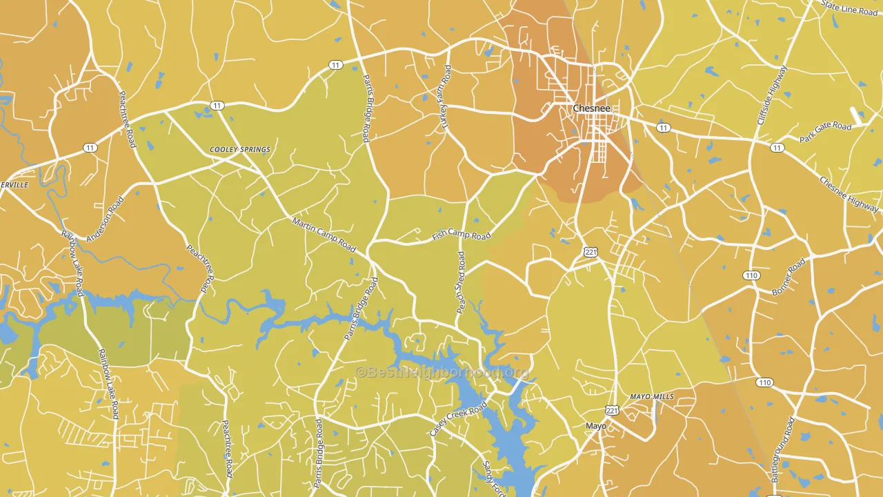 Map of the best neighborhoods in the 29323 area, with better matches in green and worse matches in red
