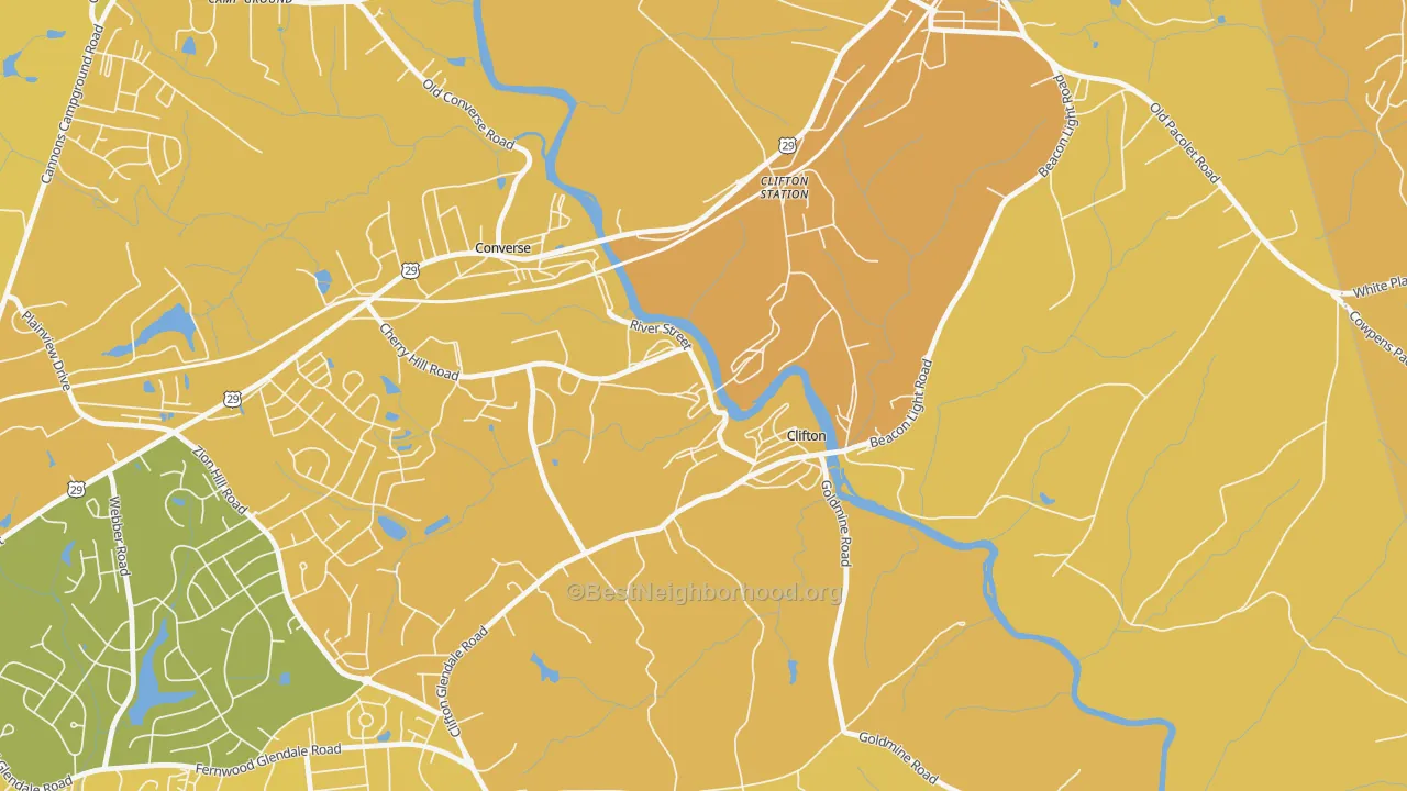 Map of the best neighborhoods in the 29324 area, with better matches in green and worse matches in red