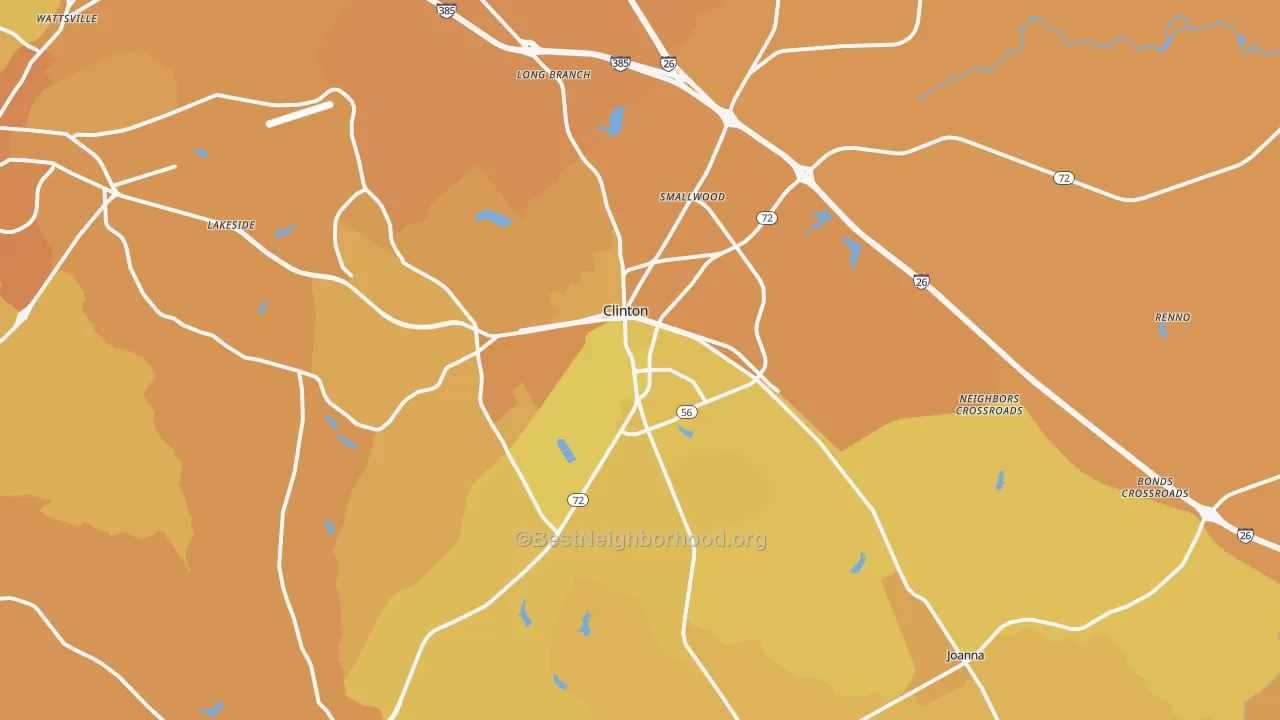 Map of the best neighborhoods in the 29325 area, with better matches in green and worse matches in red