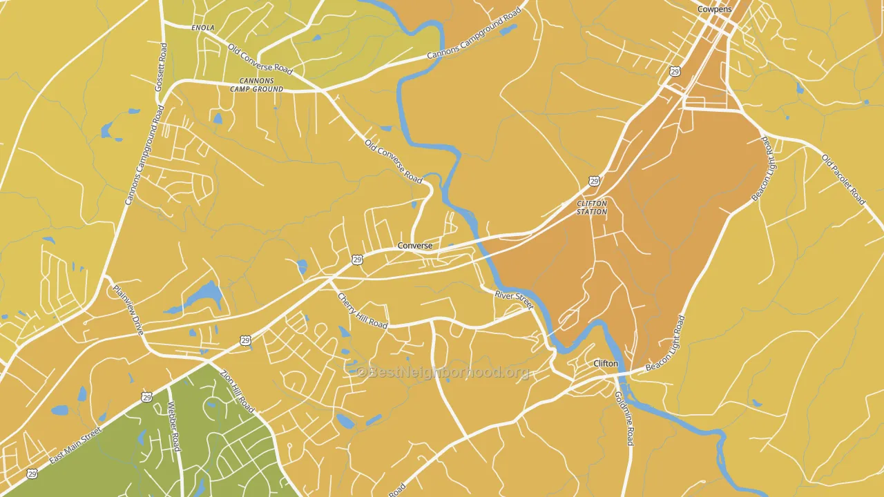 Map of the best neighborhoods in the 29329 area, with better matches in green and worse matches in red