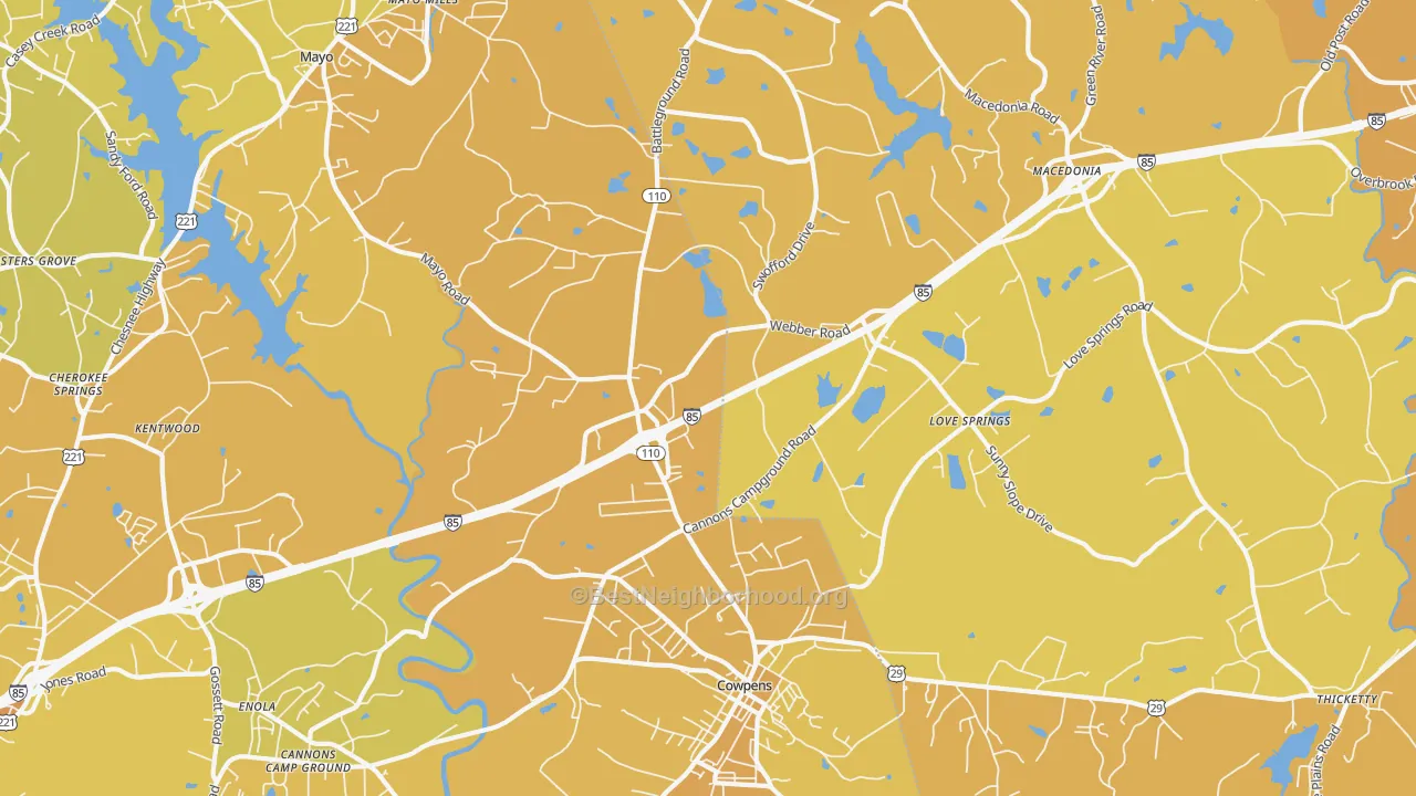 Map of the best neighborhoods in the 29330 area, with better matches in green and worse matches in red