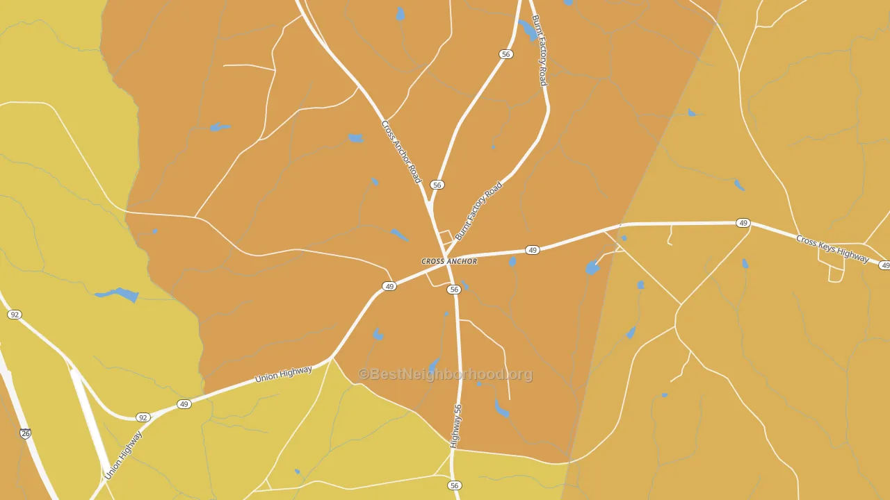 Map of the best neighborhoods in the 29331 area, with better matches in green and worse matches in red