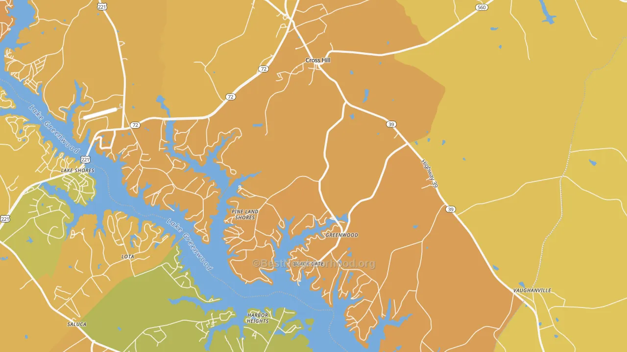 Map of the best neighborhoods in the 29332 area, with better matches in green and worse matches in red