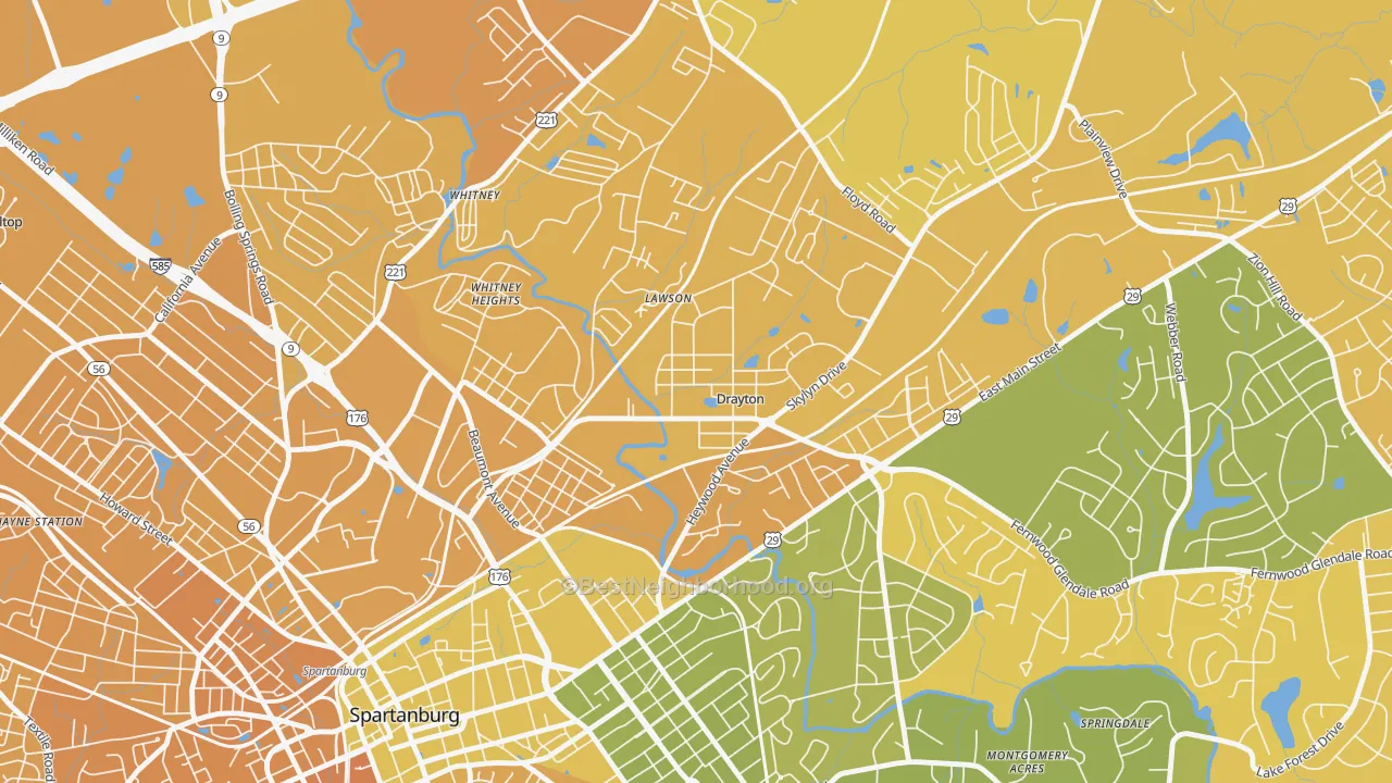 Map of the best neighborhoods in the 29333 area, with better matches in green and worse matches in red