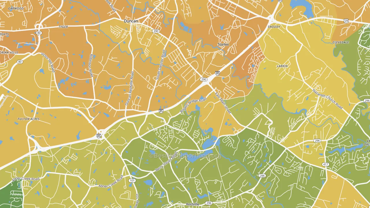 Map of the best neighborhoods in the 29334 area, with better matches in green and worse matches in red