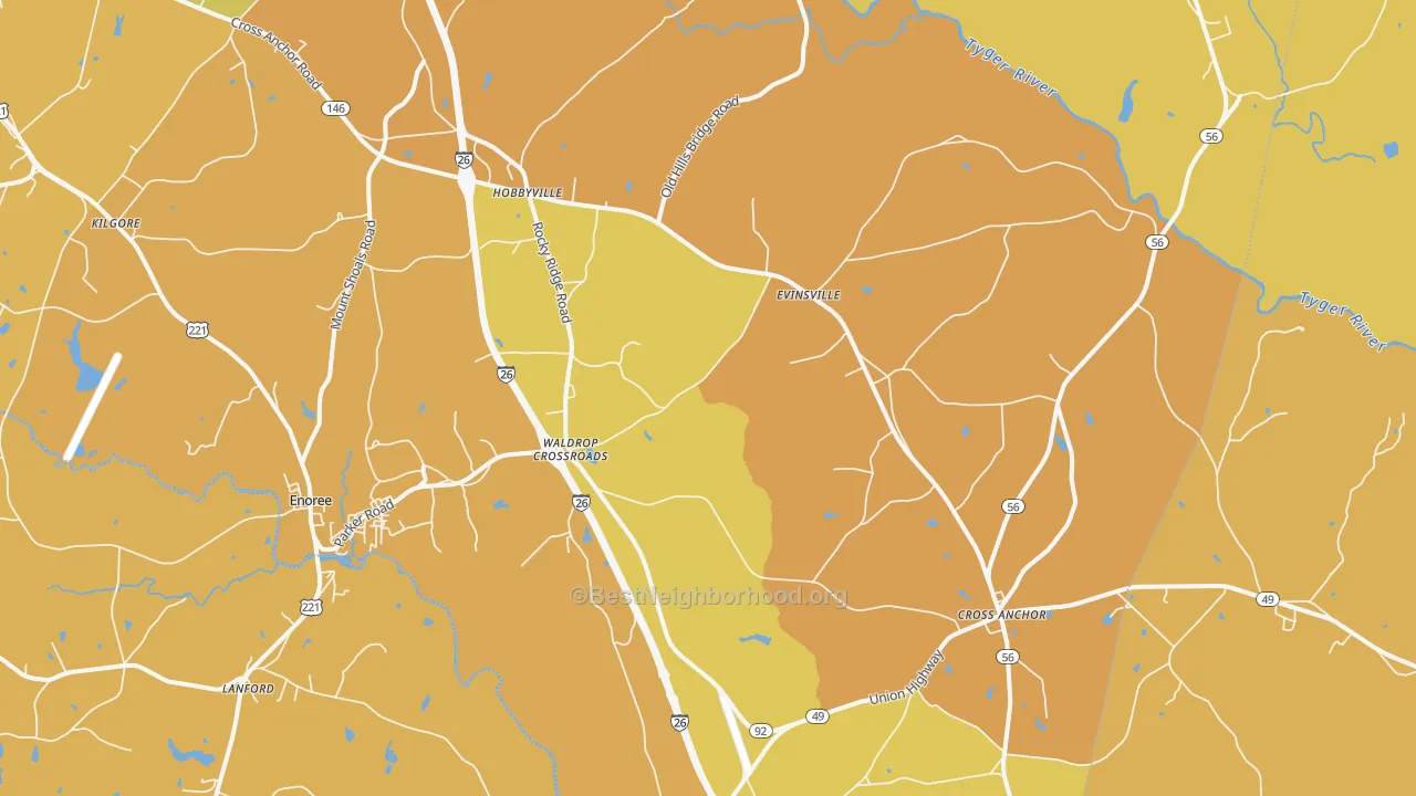 Map of the best neighborhoods in the 29335 area, with better matches in green and worse matches in red