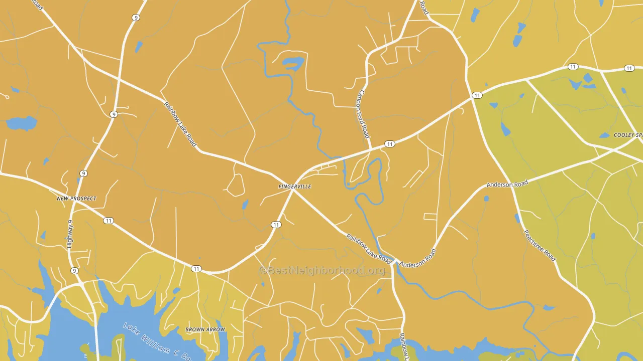 Map of the best neighborhoods in the 29338 area, with better matches in green and worse matches in red