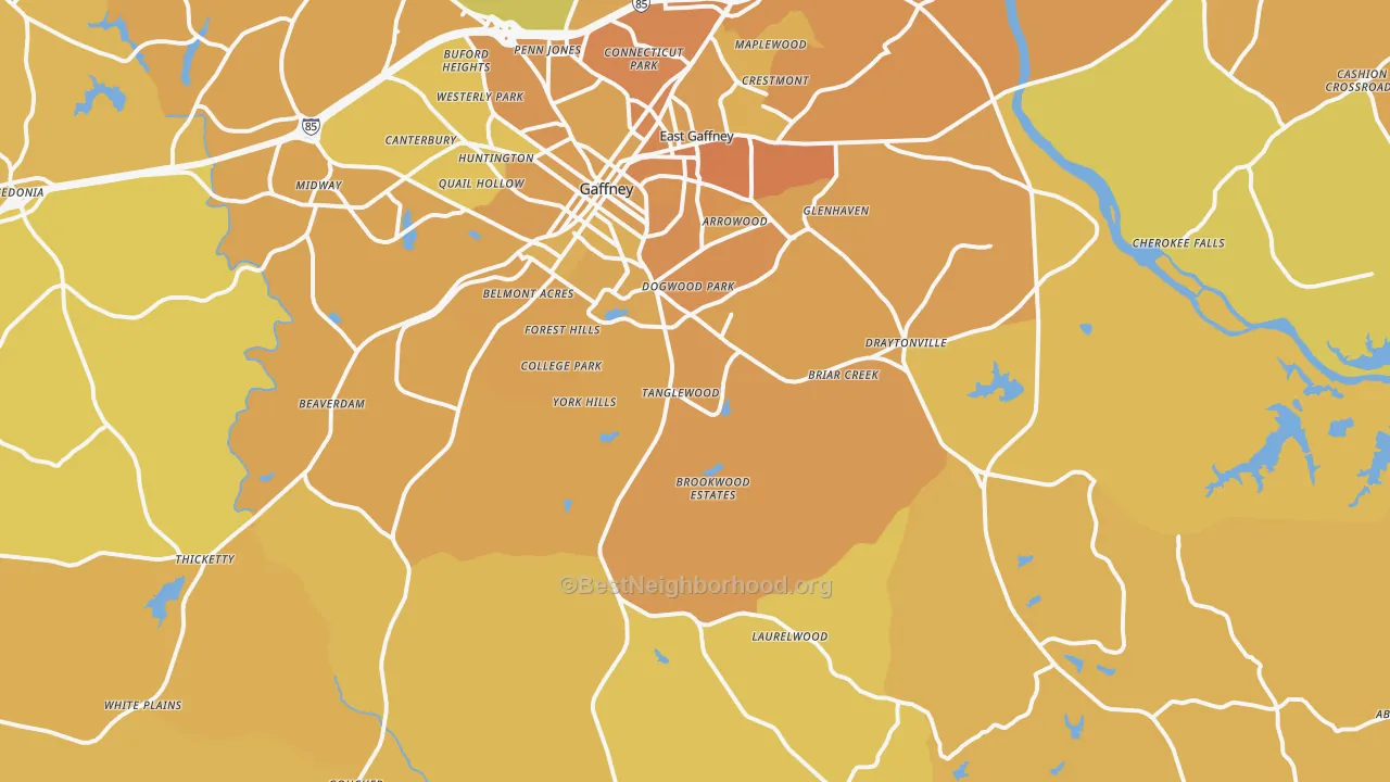 Map of the best neighborhoods in the 29340 area, with better matches in green and worse matches in red