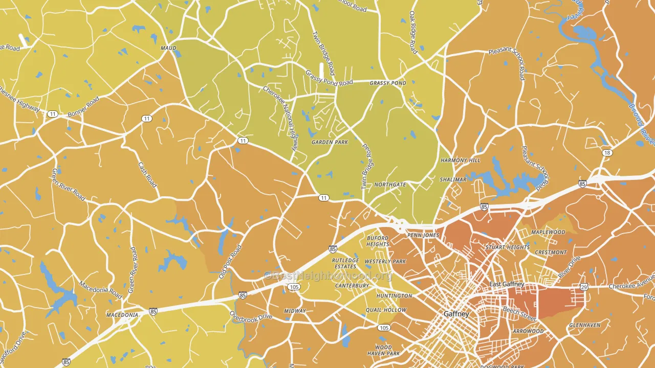Map of the best neighborhoods in the 29341 area, with better matches in green and worse matches in red
