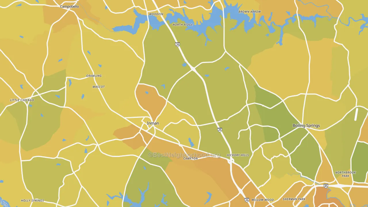 Map of the best neighborhoods in the 29349 area, with better matches in green and worse matches in red