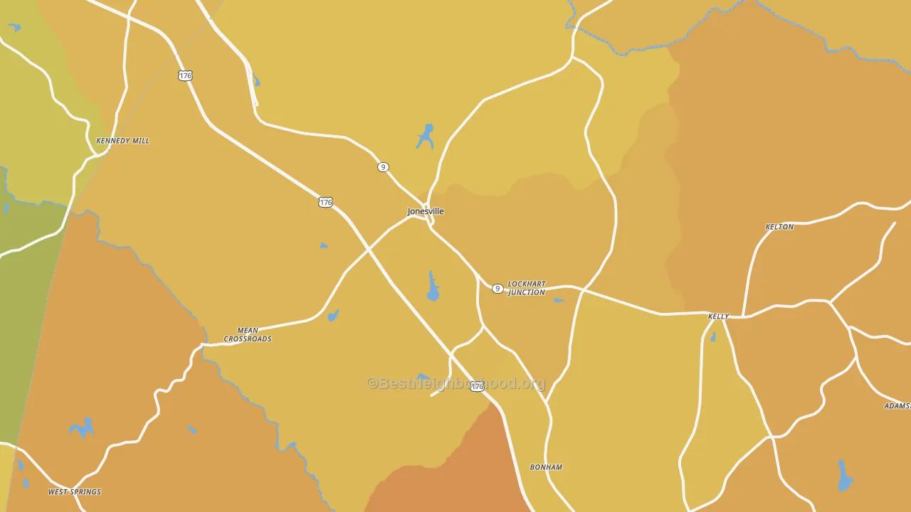 Map of the best neighborhoods in the 29353 area, with better matches in green and worse matches in red
