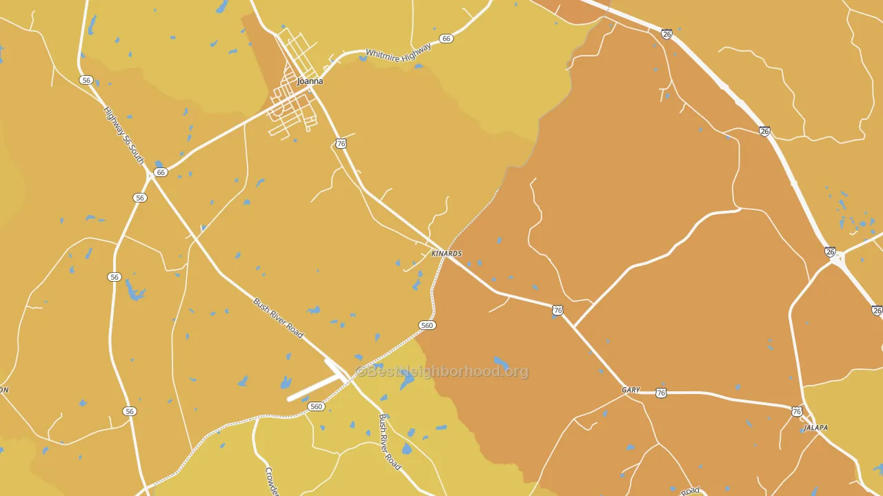 Map of the best neighborhoods in the 29355 area, with better matches in green and worse matches in red