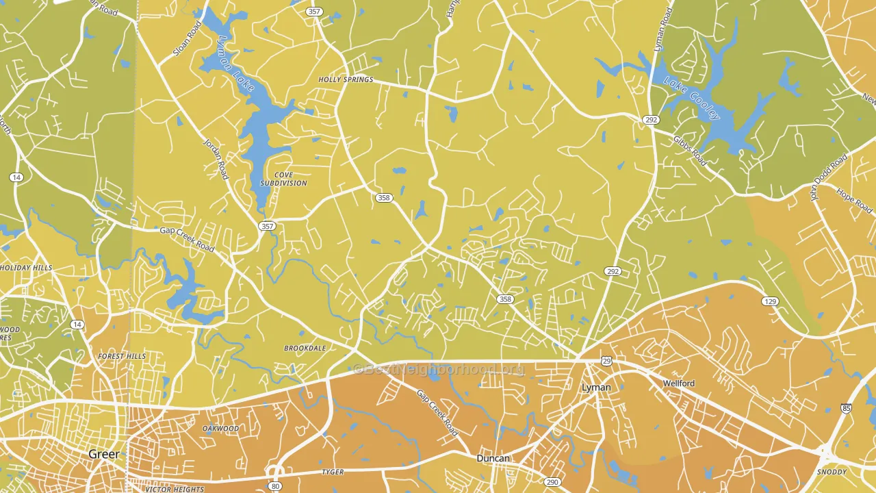 Map of the best neighborhoods in the 29365 area, with better matches in green and worse matches in red