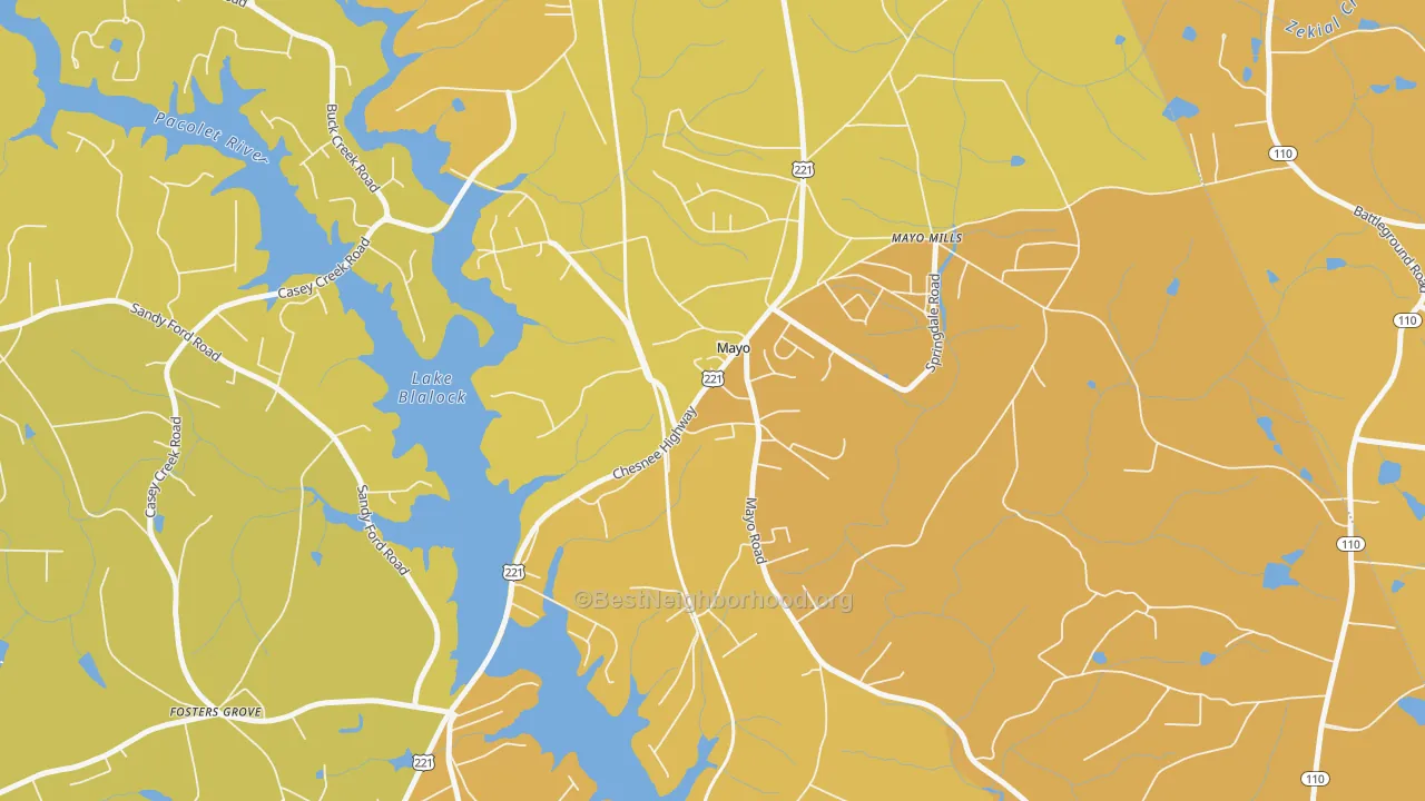 Map of the best neighborhoods in the 29368 area, with better matches in green and worse matches in red