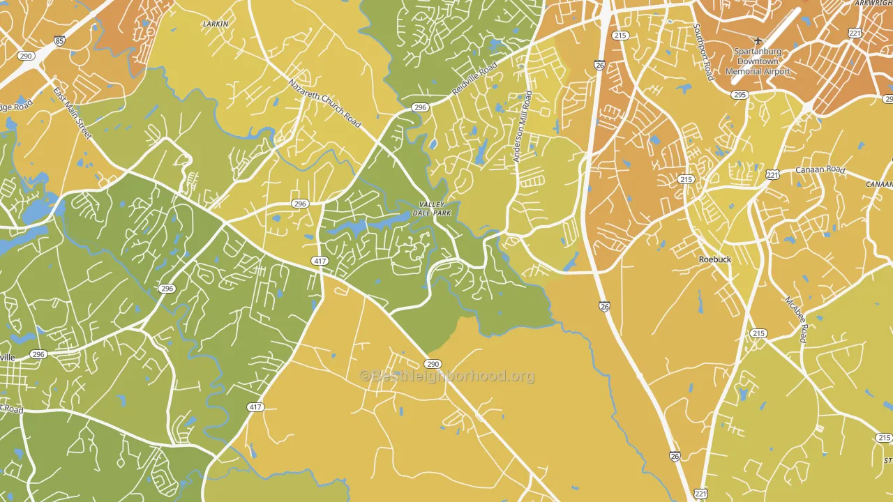Map of the best neighborhoods in the 29369 area, with better matches in green and worse matches in red