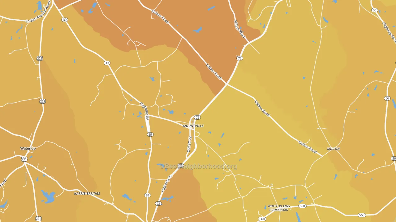 Map of the best neighborhoods in the 29370 area, with better matches in green and worse matches in red