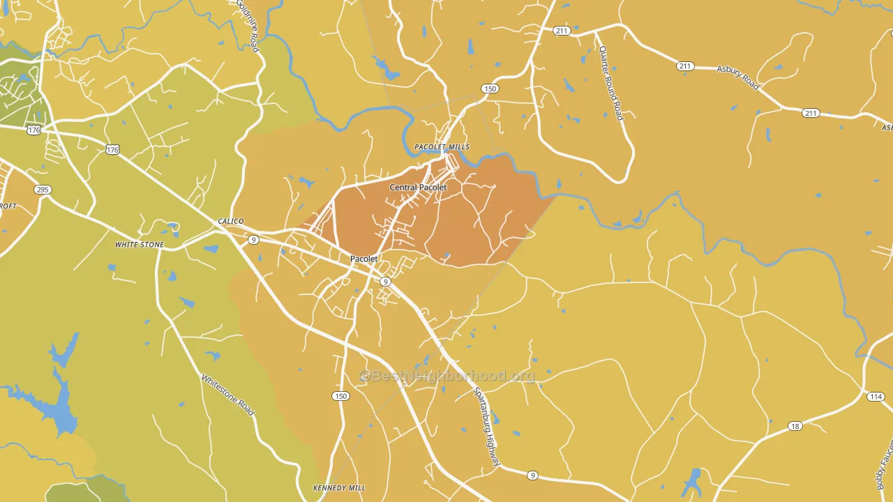 Map of the best neighborhoods in the 29372 area, with better matches in green and worse matches in red