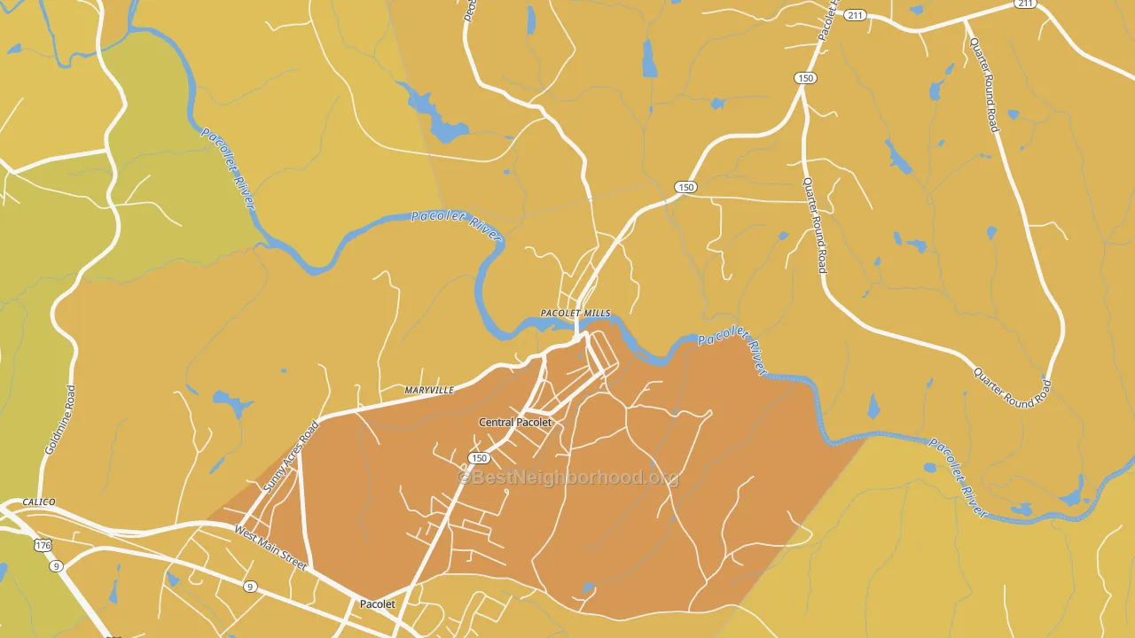 Map of the best neighborhoods in the 29373 area, with better matches in green and worse matches in red
