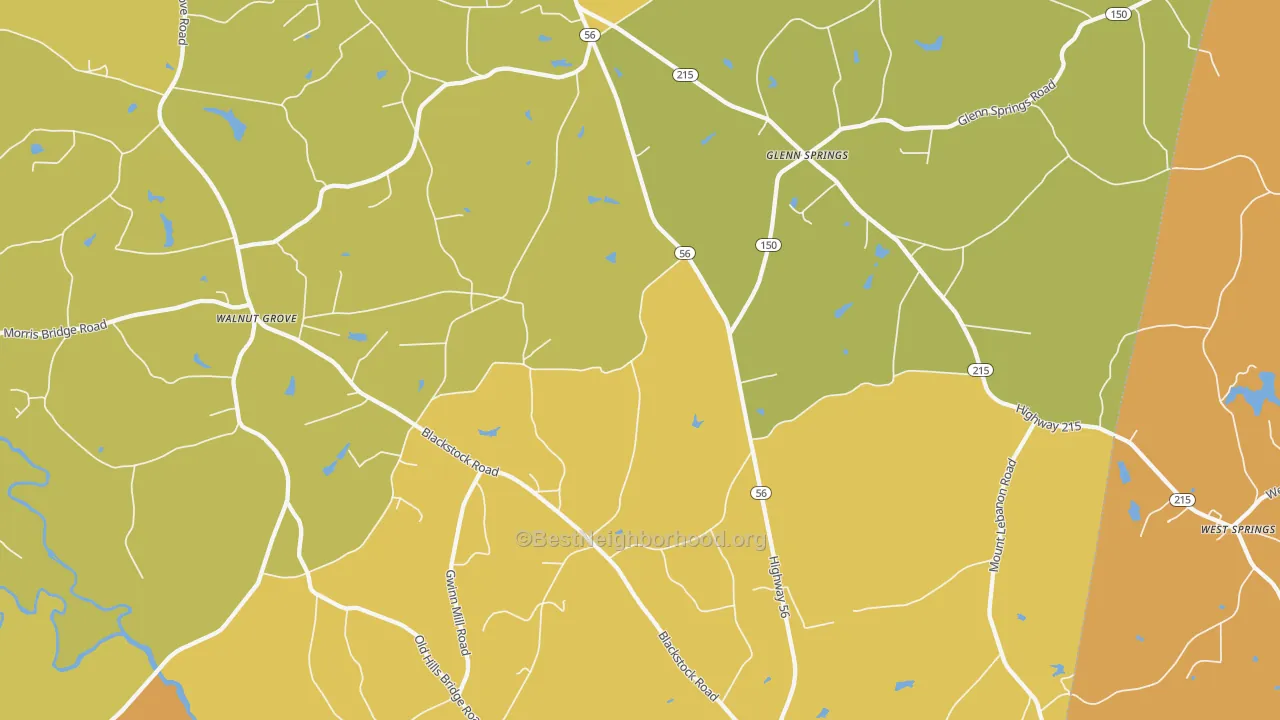 Map of the best neighborhoods in the 29374 area, with better matches in green and worse matches in red