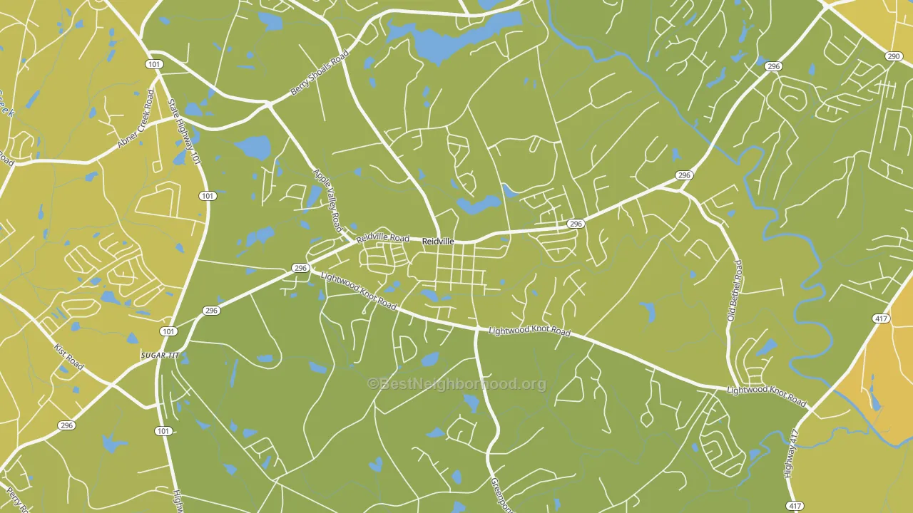 Map of the best neighborhoods in the 29375 area, with better matches in green and worse matches in red