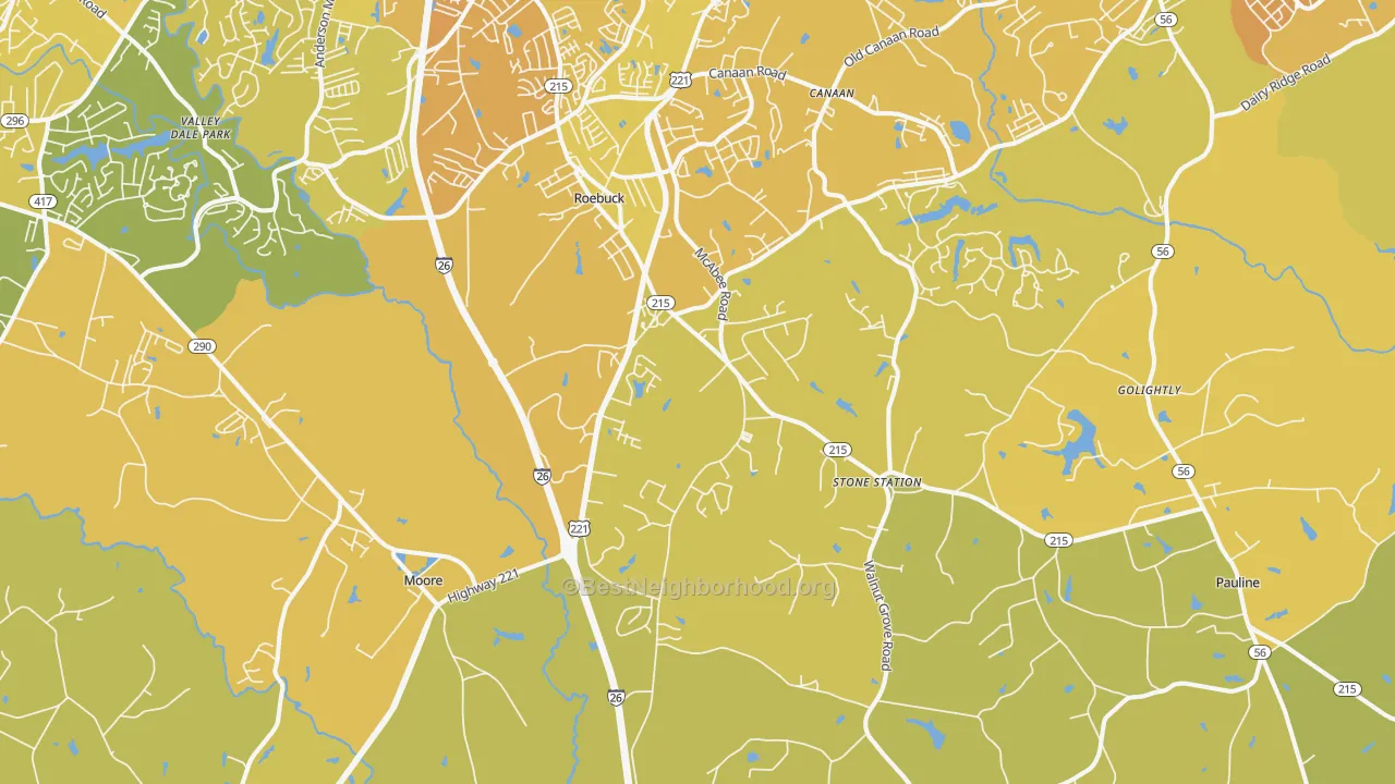 Map of the best neighborhoods in the 29376 area, with better matches in green and worse matches in red