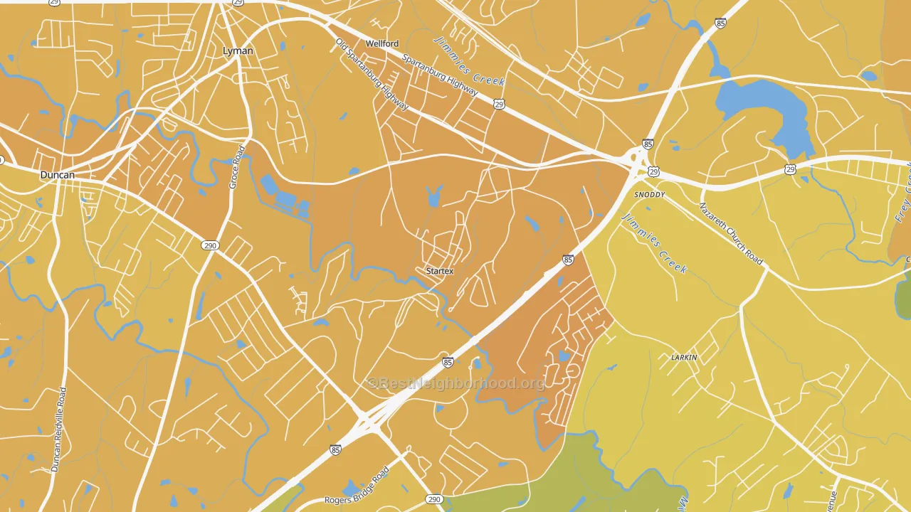 Map of the best neighborhoods in the 29377 area, with better matches in green and worse matches in red