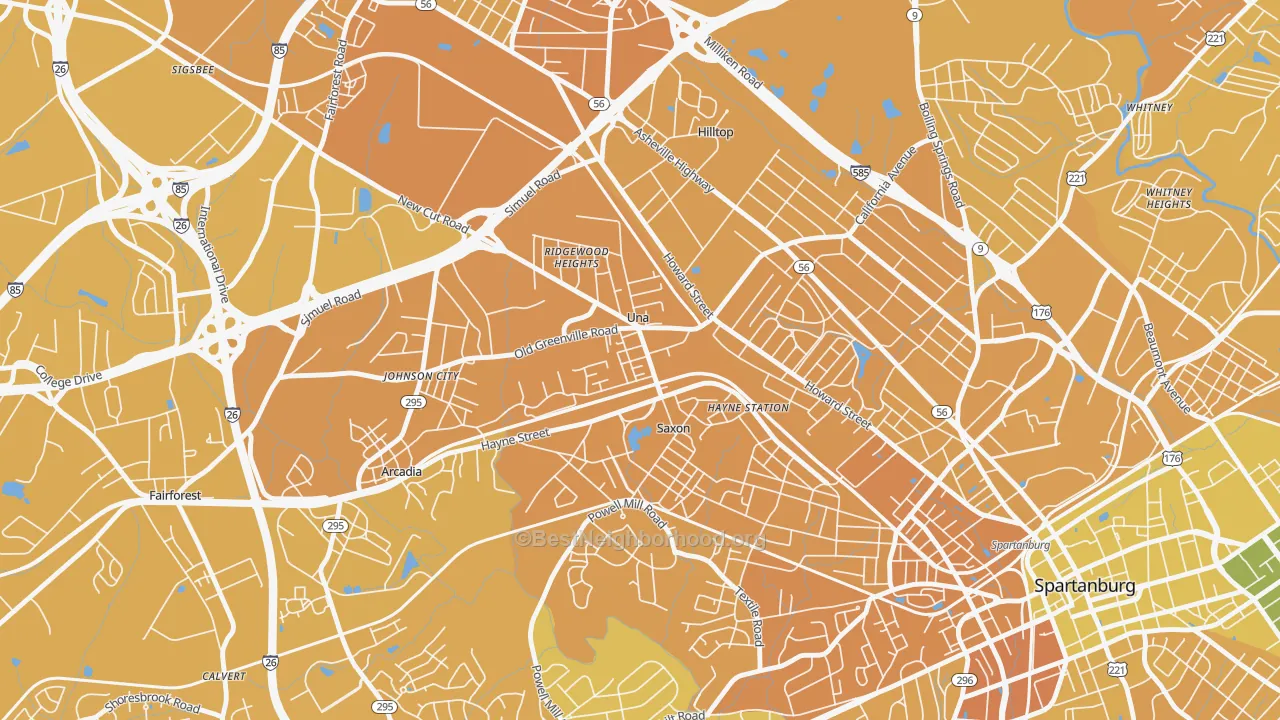 Map of the best neighborhoods in the 29378 area, with better matches in green and worse matches in red