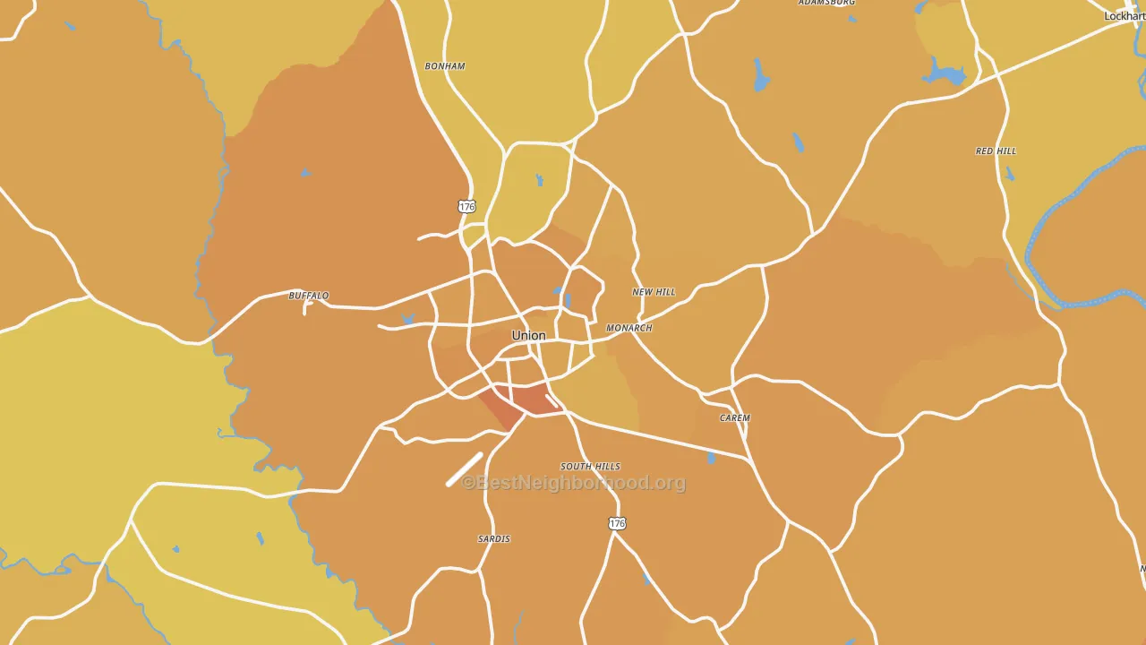 Map of the best neighborhoods in the 29379 area, with better matches in green and worse matches in red