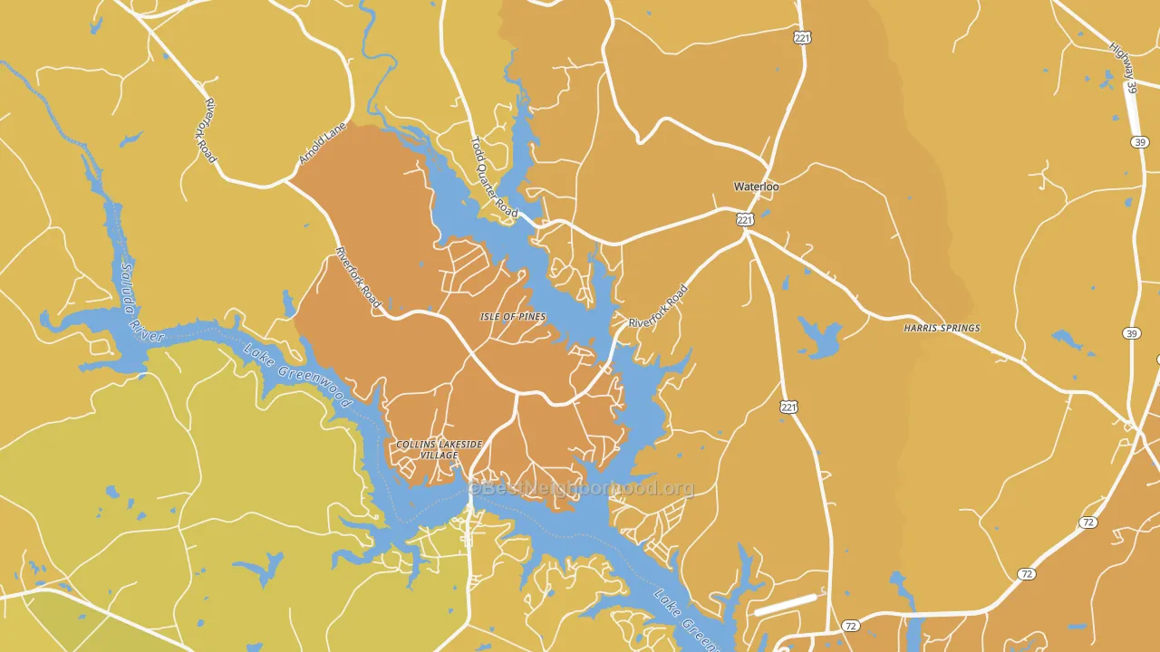 Map of the best neighborhoods in the 29384 area, with better matches in green and worse matches in red