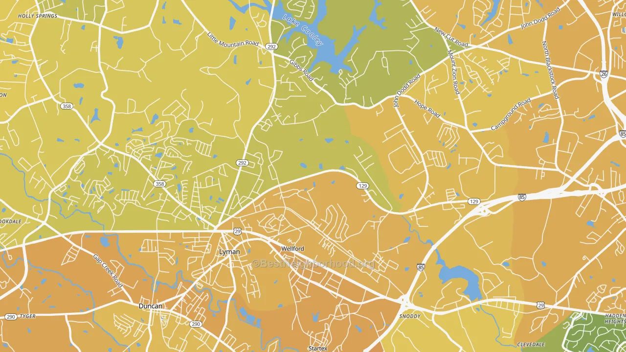 Map of the best neighborhoods in the 29385 area, with better matches in green and worse matches in red