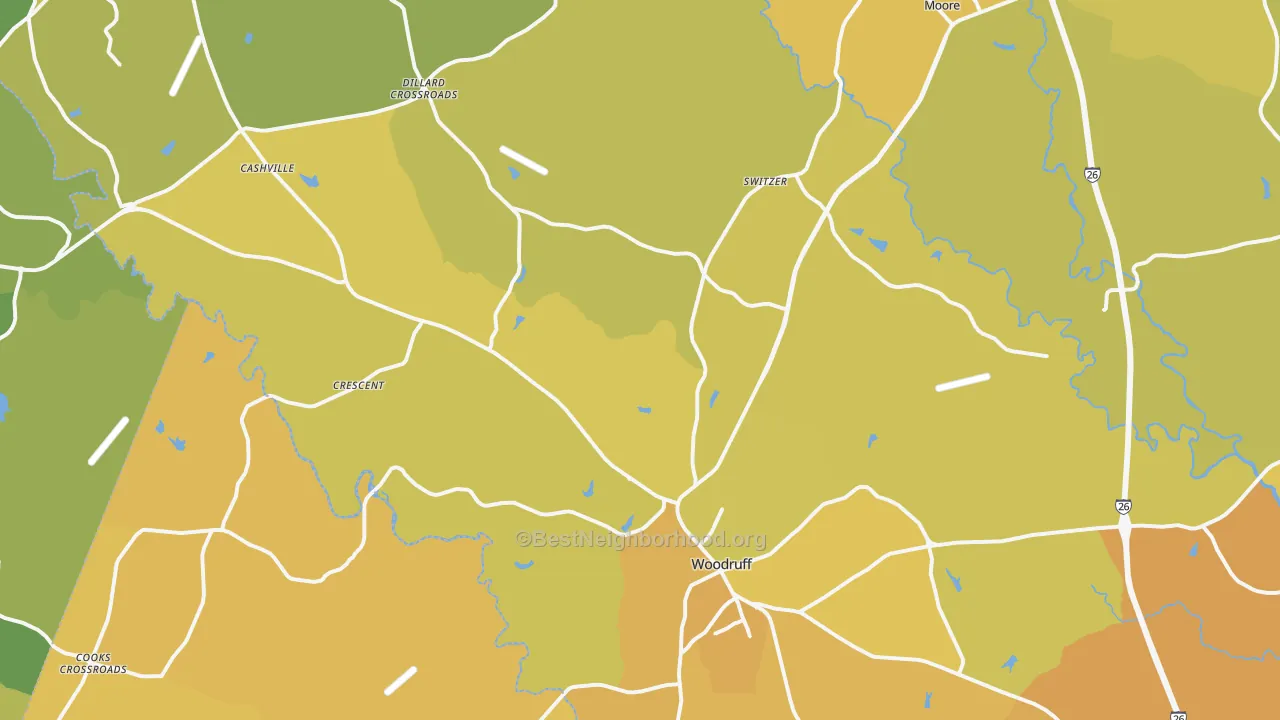 Map of the best neighborhoods in the 29388 area, with better matches in green and worse matches in red