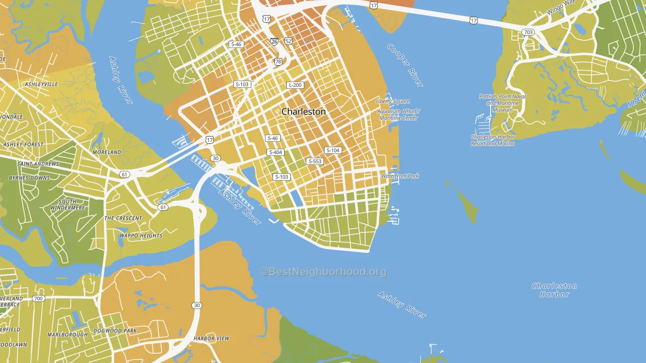 Map of the best neighborhoods in the 29401 area, with better matches in green and worse matches in red